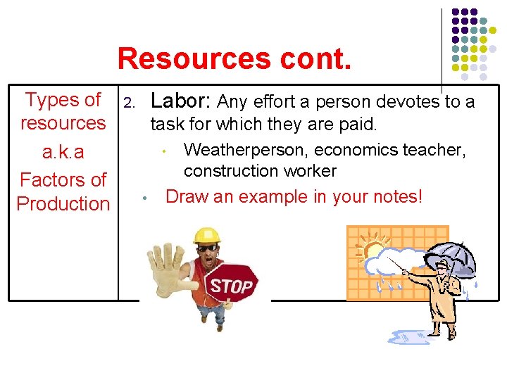 Resources cont. Types of resources a. k. a Factors of Production 2. Labor: Any