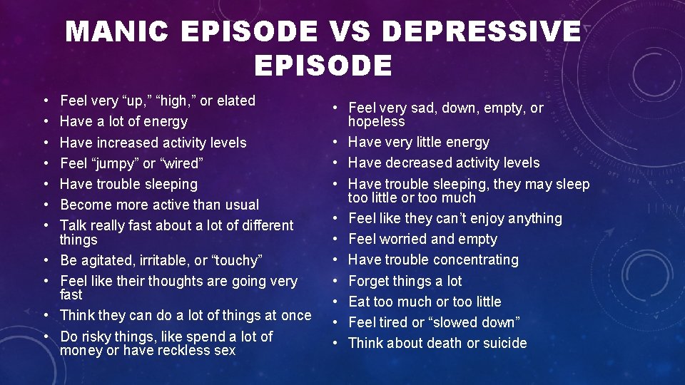 MANIC EPISODE VS DEPRESSIVE EPISODE • • • Feel very “up, ” “high, ” MANIC EPISODE VS DEPRESSIVE EPISODE • • • Feel very “up, ” “high, ”