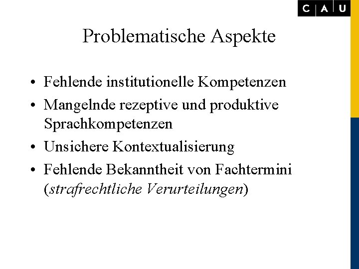 Problematische Aspekte • Fehlende institutionelle Kompetenzen • Mangelnde rezeptive und produktive Sprachkompetenzen • Unsichere