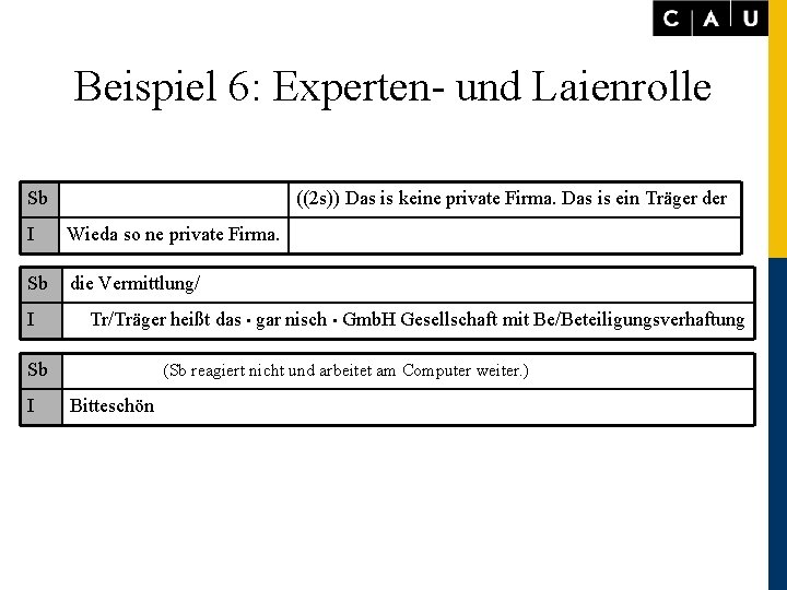 Beispiel 6: Experten- und Laienrolle Sb ((2 s)) Das is keine private Firma. Das