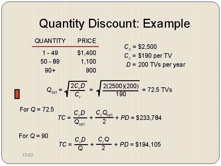 Quantity Discount: Example QUANTITY PRICE 1 - 49 50 - 89 90+ $1, 400