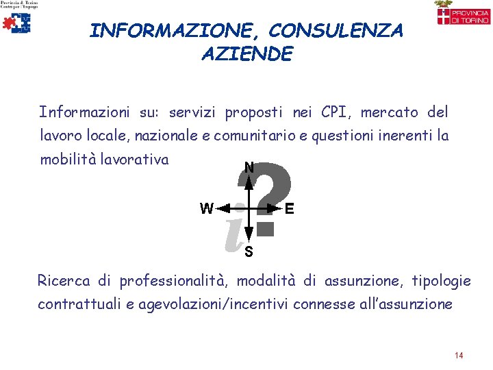 INFORMAZIONE, CONSULENZA AZIENDE Informazioni su: servizi proposti nei CPI, mercato del lavoro locale, nazionale