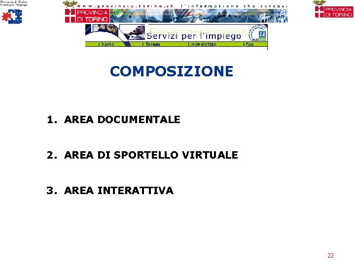 COMPOSIZIONE 1. AREA DOCUMENTALE 2. AREA DI SPORTELLO VIRTUALE 3. AREA INTERATTIVA 22 