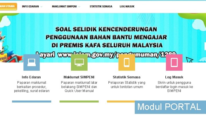 Info Edaran Maklumat SIMPENI Statistik Semasa Log Masuk Paparan maklumat berkaitan prosedur, pekeliling, surat