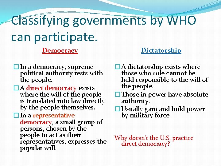 Classifying governments by WHO can participate. Democracy Dictatorship �In a democracy, supreme political authority