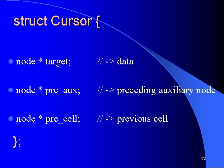 struct Cursor { l node * target; // -> data l node * pre_aux;
