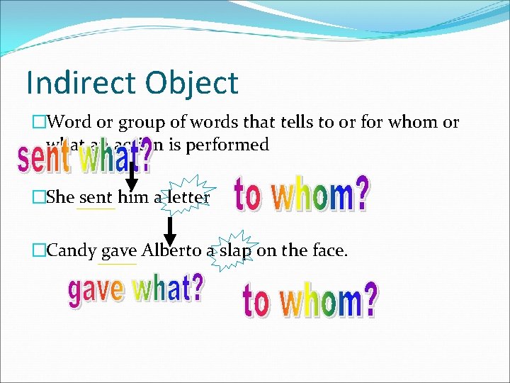 Indirect Object �Word or group of words that tells to or for whom or