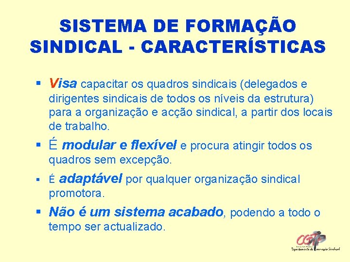 SISTEMA DE FORMAÇÃO SINDICAL - CARACTERÍSTICAS § Visa capacitar os quadros sindicais (delegados e