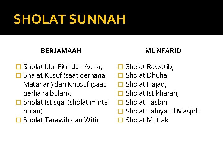 SHOLAT SUNNAH BERJAMAAH � Sholat Idul Fitri dan Adha, � Shalat Kusuf (saat gerhana
