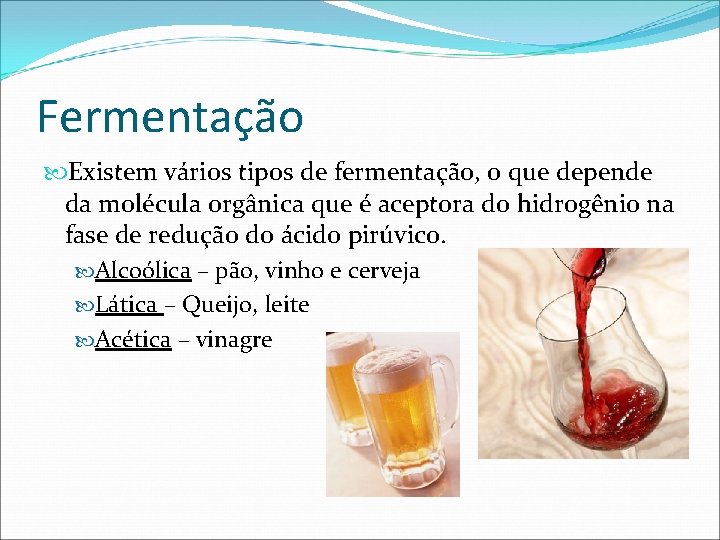 Fermentação Existem vários tipos de fermentação, o que depende da molécula orgânica que é