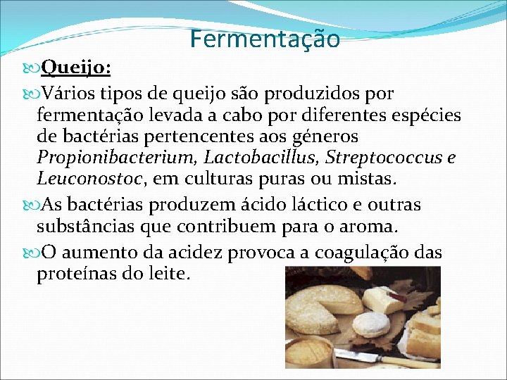 Fermentação Queijo: Vários tipos de queijo são produzidos por fermentação levada a cabo por