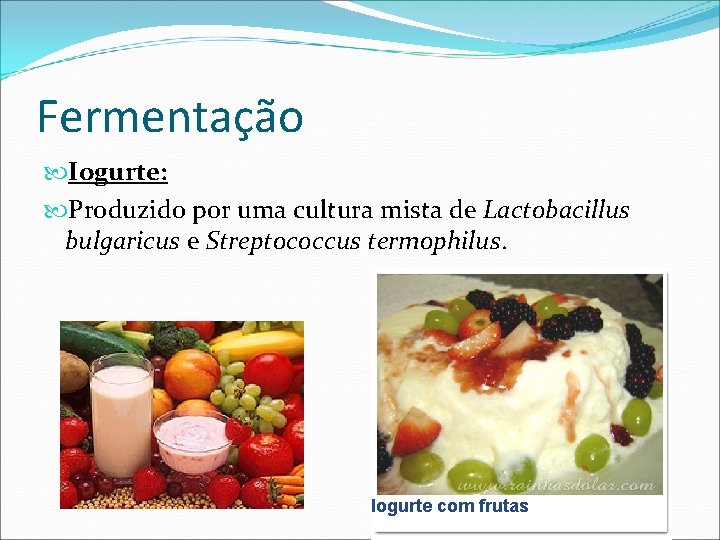 Fermentação Iogurte: Produzido por uma cultura mista de Lactobacillus bulgaricus e Streptococcus termophilus. Iogurte