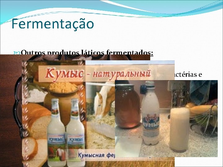 Fermentação Outros produtos láticos fermentados: Leites fermentados como Kefir e Kumiss. Alimentos probióticos fermentados
