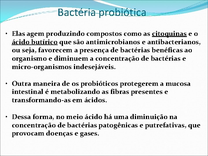 Bactéria probiótica • Elas agem produzindo compostos como as citoquinas e o ácido butírico