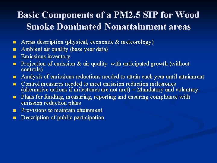 Basic Components of a PM 2. 5 SIP for Wood Smoke Dominated Nonattainment areas