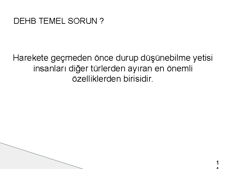 DEHB TEMEL SORUN ? Harekete geçmeden önce durup düşünebilme yetisi insanları diğer türlerden ayıran