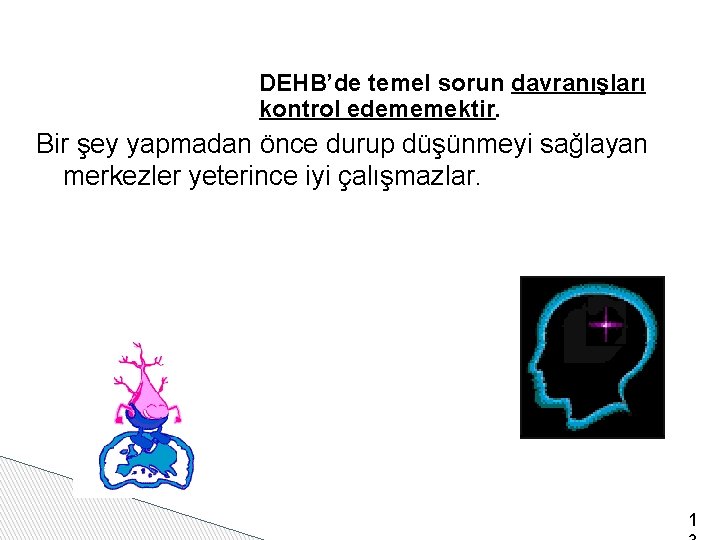 DEHB’de temel sorun davranışları kontrol edememektir. Bir şey yapmadan önce durup düşünmeyi sağlayan merkezler