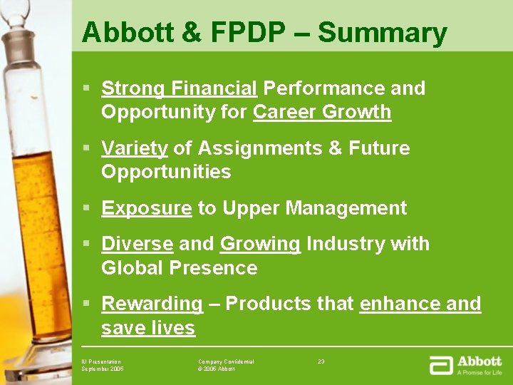 Abbott & FPDP – Summary § Strong Financial Performance and Opportunity for Career Growth