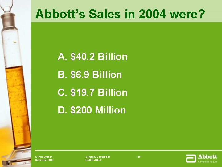 Abbott’s Sales in 2004 were? A. $40. 2 Billion B. $6. 9 Billion C. Abbott’s Sales in 2004 were? A. $40. 2 Billion B. $6. 9 Billion C.