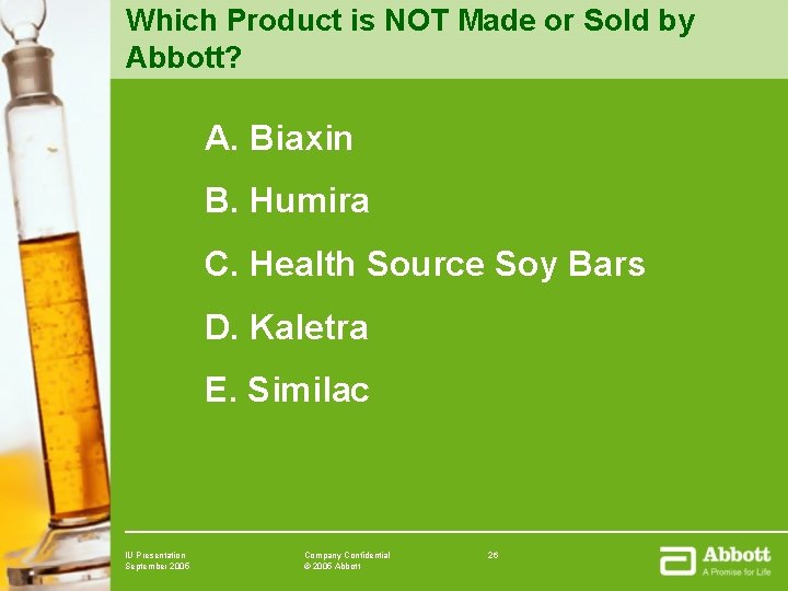 Which Product is NOT Made or Sold by Abbott? A. Biaxin B. Humira C.