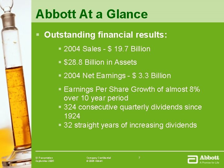 Abbott At a Glance § Outstanding financial results: § 2004 Sales - $ 19.