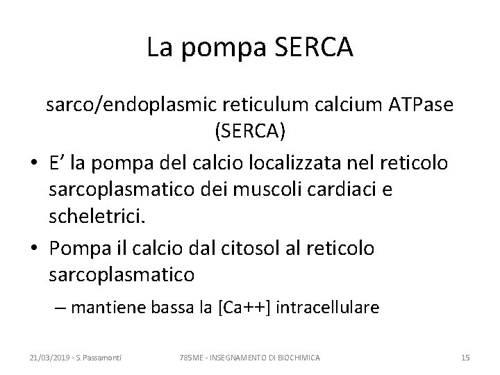 La pompa SERCA sarco/endoplasmic reticulum calcium ATPase (SERCA) • E’ la pompa del calcio