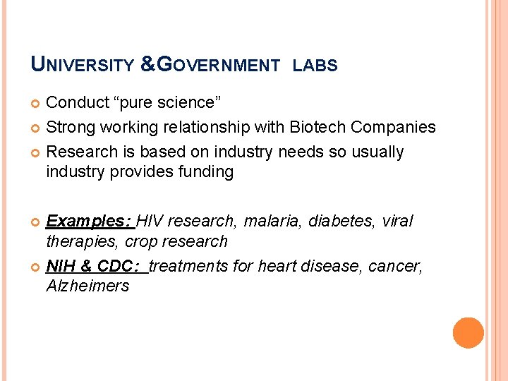 UNIVERSITY &GOVERNMENT LABS Conduct “pure science” Strong working relationship with Biotech Companies Research is