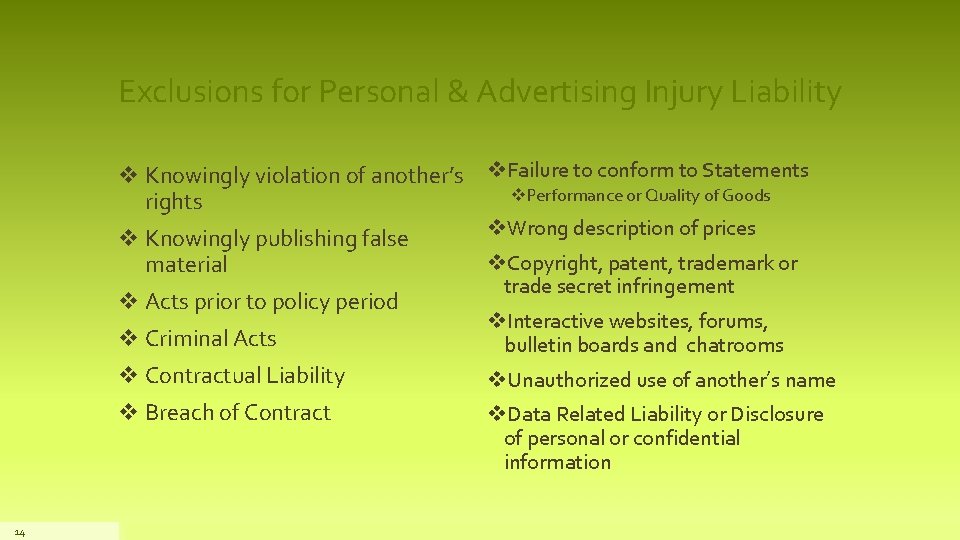 Exclusions for Personal & Advertising Injury Liability v Knowingly violation of another’s v. Failure