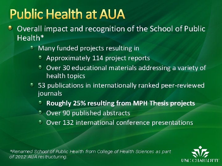 Public Health at AUA Overall impact and recognition of the School of Public Health*