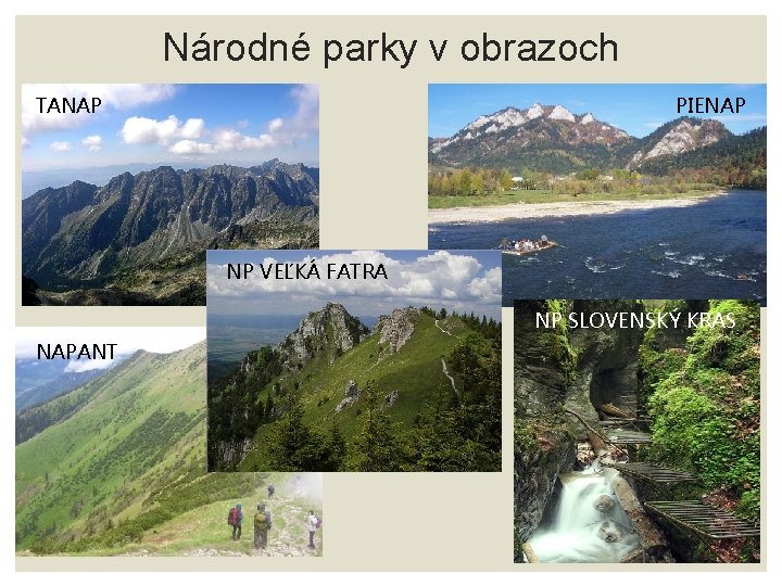 Národné parky v obrazoch TANAP PIENAP NP VEĽKÁ FATRA NP SLOVENSKÝ KRAS NAPANT 