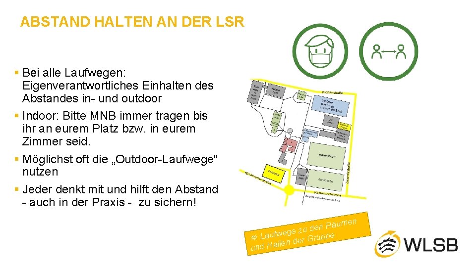 ABSTAND HALTEN AN DER LSR § Bei alle Laufwegen: Eigenverantwortliches Einhalten des Abstandes in-