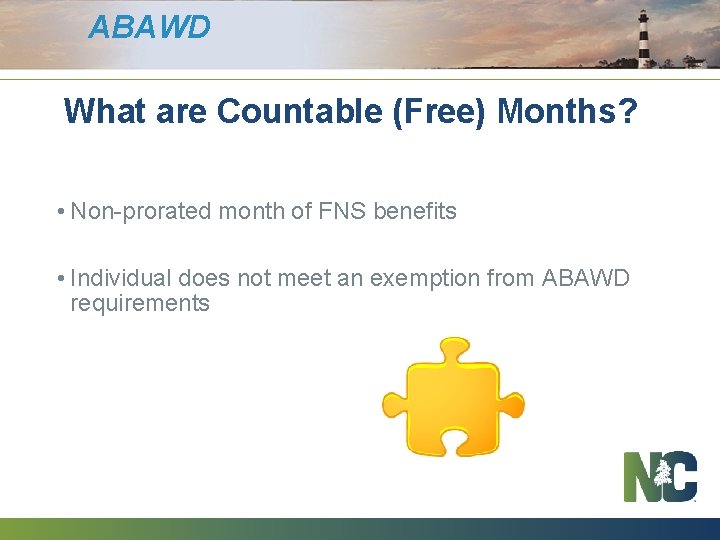 ABAWD What are Countable (Free) Months? • Non-prorated month of FNS benefits • Individual