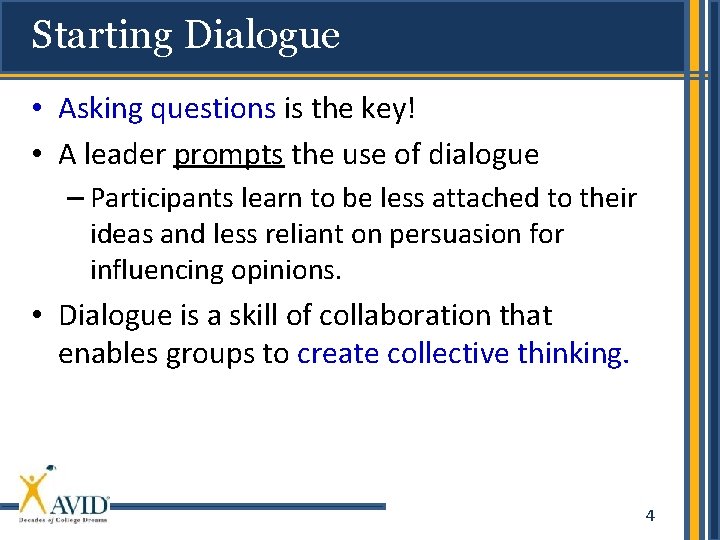 Starting Dialogue • Asking questions is the key! • A leader prompts the use
