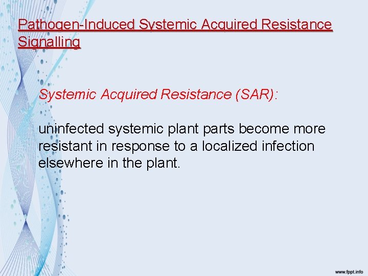 Pathogen-Induced Systemic Acquired Resistance Signalling Systemic Acquired Resistance (SAR): uninfected systemic plant parts become