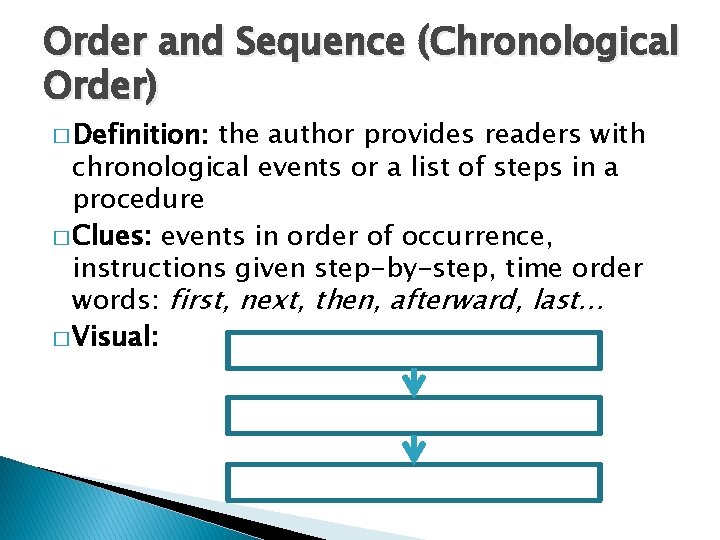 Order and Sequence (Chronological Order) � Definition: the author provides readers with chronological events