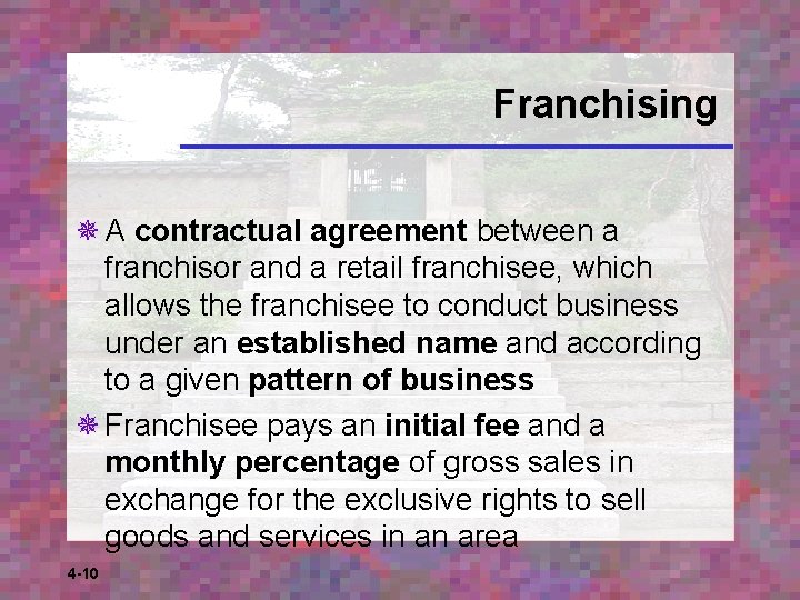 Franchising ¯ A contractual agreement between a franchisor and a retail franchisee, which allows