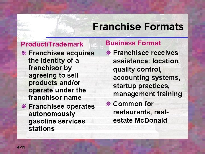 Franchise Formats Product/Trademark ¯ Franchisee acquires the identity of a franchisor by agreeing to