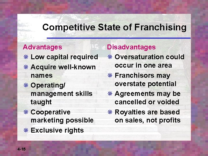 Competitive State of Franchising Advantages ¯ Low capital required ¯ Acquire well-known names ¯