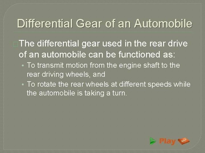 Differential Gear of an Automobile �The differential gear used in the rear drive of