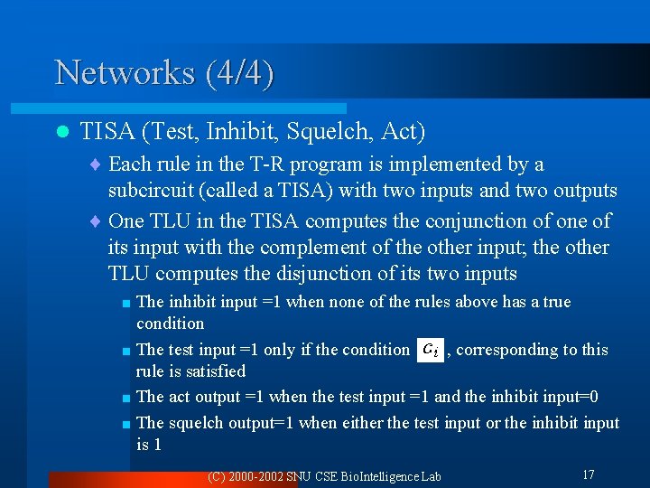 Networks (4/4) l TISA (Test, Inhibit, Squelch, Act) ¨ Each rule in the T-R