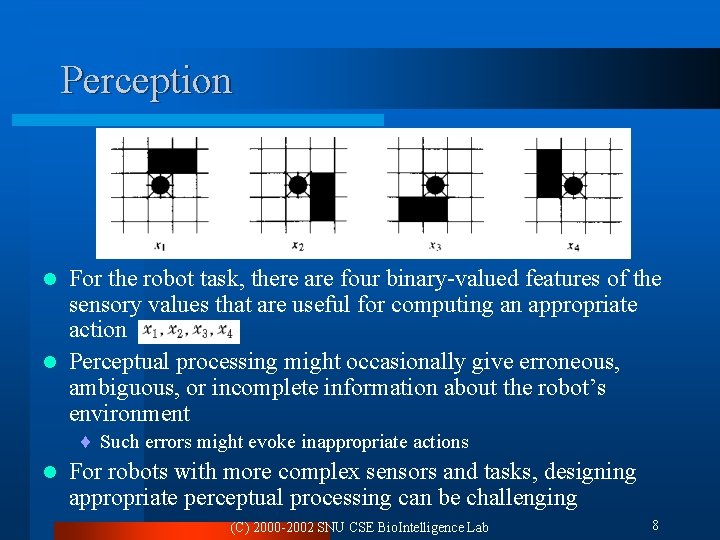 Perception For the robot task, there are four binary-valued features of the sensory values