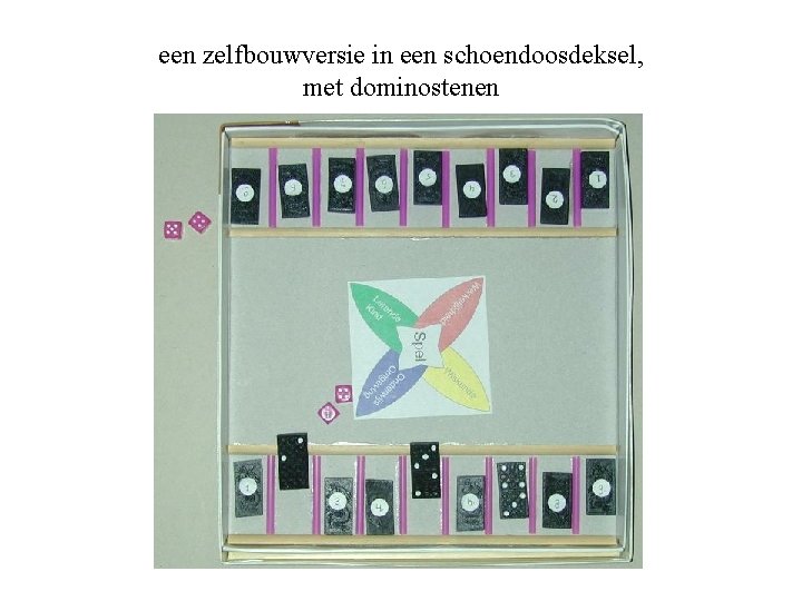 een zelfbouwversie in een schoendoosdeksel, met dominostenen 