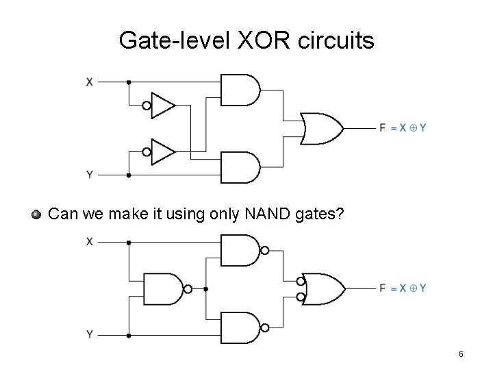 Gate-level XOR circuits Can we make it using only NAND gates? 6 
