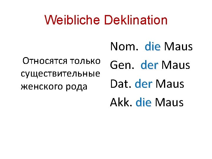 Weibliche Deklination Nom. die Maus Относятся только Gen. der Maus существительные Dat. der Maus