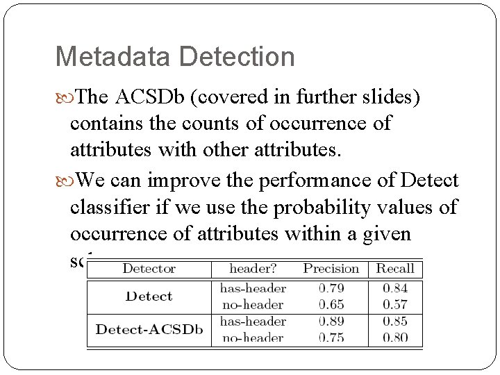 Metadata Detection The ACSDb (covered in further slides) contains the counts of occurrence of