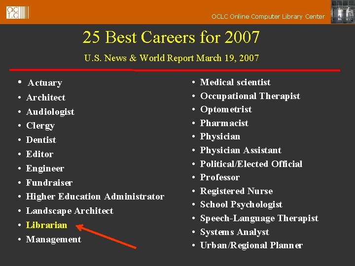 OCLC Online Computer Library Center 25 Best Careers for 2007 U. S. News &