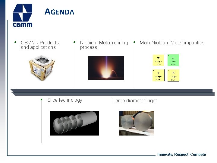 AGENDA • CBMM - Products and applications • Niobium Metal refining • Main Niobium