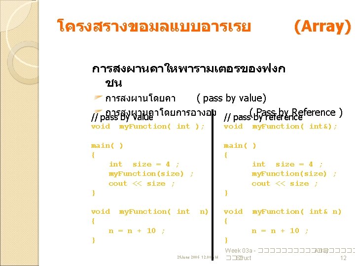 โครงสรางขอมลแบบอารเรย (Array) การสงผานคาใหพารามเตอรของฟงก ชน การสงผานโดยคา ( pass by value) การสงผานคาโดยการอางอง Pass by Reference )