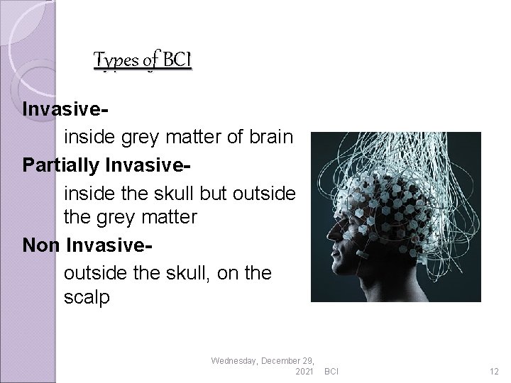 Types of BCI Invasiveinside grey matter of brain Partially Invasiveinside the skull but outside