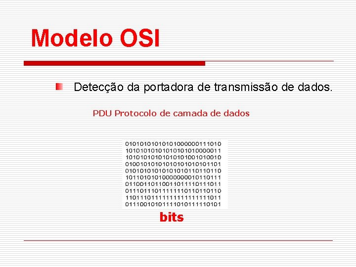 Modelo OSI Detecção da portadora de transmissão de dados. PDU Protocolo de camada de